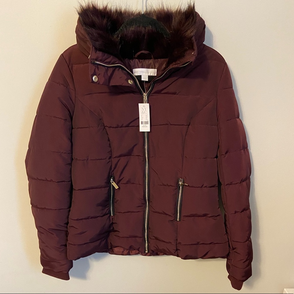 New York & Company Puffer Coat W/ Faux Fur & Hooded | Gold Detailing - Burgundy